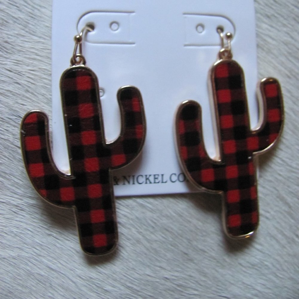 SILVERTONE TRIMMED RED BUFFALO PLAID CACTUS EARRINGS